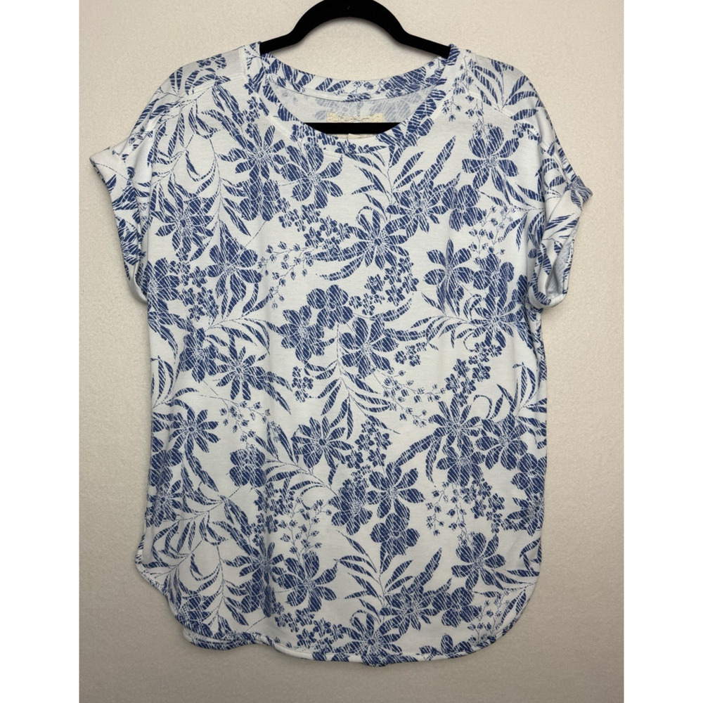 Cupio Women's Short Sleeve Shirt White Blue Floral Print Size Large Tropical